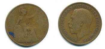 Великобритания 1 пенни 1913 Георг V (1910-1936) KM 810, Spink 4051 бронза 47-1242