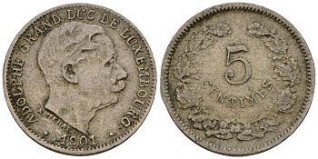 Люксембург 5 сантимов 1901 герцог Адольф (1890-1905) KM 24 медно-никель 4602-336