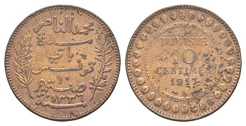 Тунис 10 сантимов 1917 A KM 236 бронза 4634-846