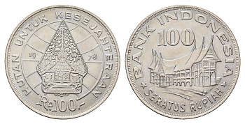 Индонезия 100 рупий 1978 хижина Минангкабау, легендарное дерево жизни KM 42 медно-никель UNC 4675-555