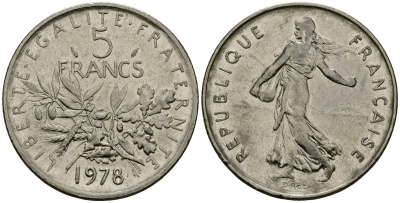 Франция 5 франков 1978 KM 926a медно-никель плакированный никелем 4120-443
