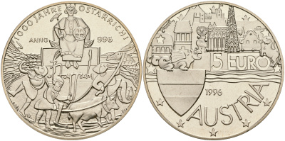 Австрия 5 евро 1996 1000 лет Австрии медно-никель PROOF 1066-2-34