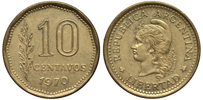 Аргентина 10 сентаво 1970 голова свободы влево KM 66 алюминиевая бронза XF-UNC 4181-215