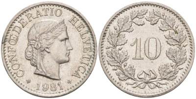 Швейцария 10 раппенов 1981 KM 27 медно-никель 55-515