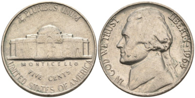 США 5 центов 1964 Джефферсон KM А192 медно-никель 92-1055