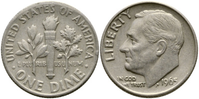 США 10 ЦЕНТОВ = 1 ДАЙМ 1965 РУЗВЕЛЬТ KM 195а медь плакированная медно-никелем 80-711