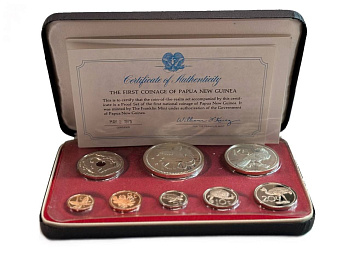 Папуа-Новая Гвинея набор из 8 монет (1, 2, 5, 10 и 20 тойя; 1, 5 и 10 кина) 1975 в оригинальной упаковке, с сертификатом подлинности KM 1, 2, 3, 4, 5, 6, 7a и 8a PROOF 4-3-1-15