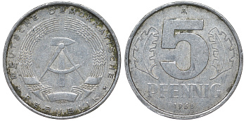 ГДР 5 пфеннигов 1968 A KM 9.1 алюминий 62-213