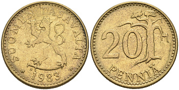 ФИНЛЯНДИЯ 20 ПЕННИ 1983 N KM 47 алюминиевая бронза 4563-334