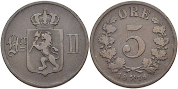 НОРВЕГИЯ 5 ЭРЕ 1876 ШВЕДСКОЕ ПРАВЛЕНИЕ KM 349 бронза 115-815