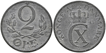 ДАНИЯ 2 ЭРЕ 1943 N;S, КРИСТИАН X (1912-1947) KM 833а цинк 28-1012