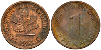 ФРГ 1 пфенниг 1988 G KM 105, J. 380 сталь плакированная медью    4598-654