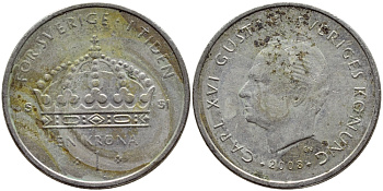 Швеция 1 крона 2008 Карл XVI Густав (1973- ) KM 894 медно-никель 85-1155