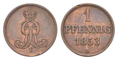 Ганновер 1 пфенниг 1853 B, Георг V (1851-1866) KM 221, AKS 155, J. 83 медь    4658-1056
