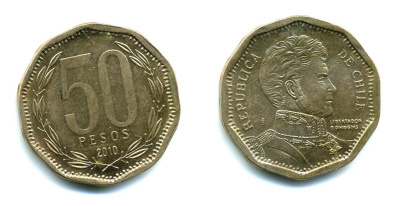 Чили 50 песо 2010 Бернардо О’Хиггинс KM 219.2 алюминиевая бронза 35-645