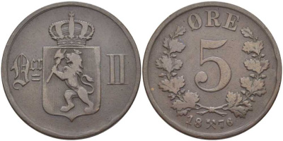 НОРВЕГИЯ 5 ЭРЕ 1876 ШВЕДСКОЕ ПРАВЛЕНИЕ KM 349 бронза 115-815