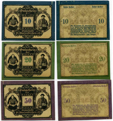 Австрия, Санкт-Мариенкирхен набор из 3 банкнот 10, 20, 50 геллеров 1920 23 мая 1920 - 31 октября 1920, нотгельд, ярмарочная коммуна в земле Верхняя Австрия   бумага  UNC (пресс) 7555-27-2-2