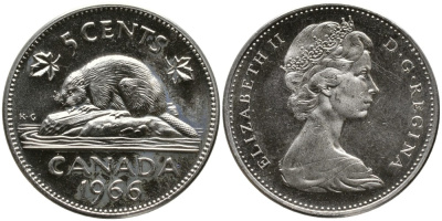 Канада 5 центов 1966 Елизавета II (1952-2022), бобер KM 60.1 никель UNC 4543-623