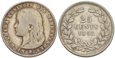 Нидерланды 25 центов 1895 Вильгельмина (1890-1948) KM 115 серебро 66-1137