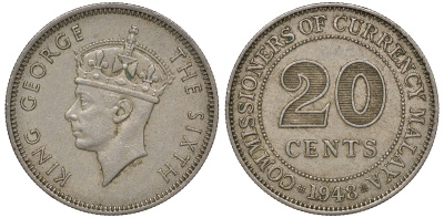 Британская Малайя 20 центов 1948 Георг VI (1937-1952) KM 9 медно-никель 4163-511