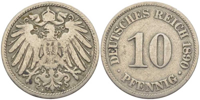 ГЕРМАНИЯ 10 ПФЕННИГОВ 1890 А KM 12, J. 13 медно-никель 4401-915