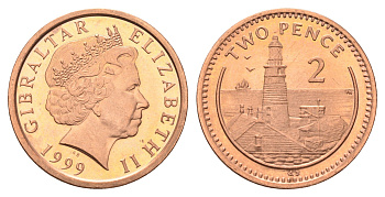 Гибралтар 2 пенса 1999 KM 774 сталь плакированная медью UNC 4666-313