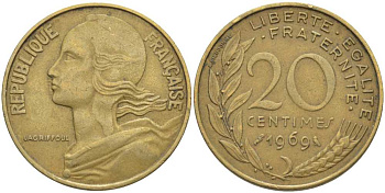 ФРАНЦИЯ 20 САНТИМОВ 1969 ТИП MARIANNE KM 930, LE FRANC 156.9 медь алюминий никель 175-833