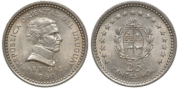 Уругвай 25 сентесимо 1960 KM 40 медно-никель 4169-831