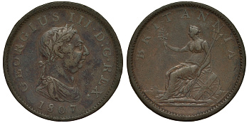 Великобритания 1 пенни 1807 Георг III (1760-1820) KM 663, Spink 3780 медь 1524-323