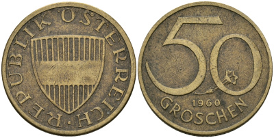 Австрия 50 грошей 1960 KM 2885 алюминиевая бронза 4396-1065