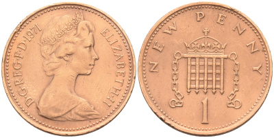 Великобритания 1 пенни 1971 Елизавета II (1952-2022) KM 915, Spink 4237 (B1) бронза 4588-537