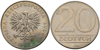Польша 20 злотых 1990 MW KM 153.2, Parchimowicz 255b медно-никель 4156-925