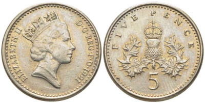 Великобритания 5 пенсов 1991 Елизавета II (1952-2022) KM 937b, Spink 4372 (D4) медно-никель 116-563