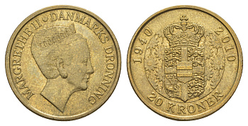 Дания 20 крон 2010 70 лет со дня рождения королевы Маргрете II KM 937 алюминиевая бронза UNC 4650-655
