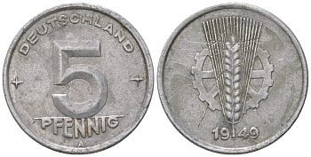ГДР 5 пфеннигов 1949 A KM 2 алюминий 4547-558