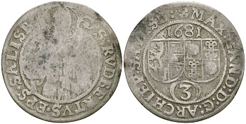 АВСТРИЯ, ЗАЛЬЦБУРГ 3 КРЕЙЦЕРА 1681 СВЯТОЙ РУПЕРТ KM 228 серебро 99-866