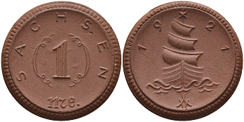 Саксония 1 марка 1921 парусник J. N 55 фарфор 1094-3-23