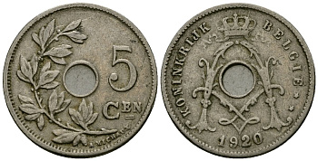 Бельгия 5 сантимов 1920 Belgie KM 67 медно-никель 4173-222
