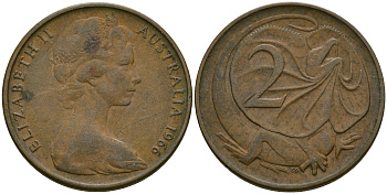 Австралия 2 цента 1966 Елизавета II (1952-), плащеносная ящерица KM 63 бронза 4364-1922