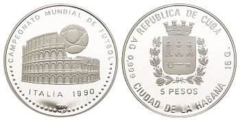 Куба 5 песо 1989 Чемпионат мира по футболу 1990, Италия KM 226 серебро PROOF 1083-2-42