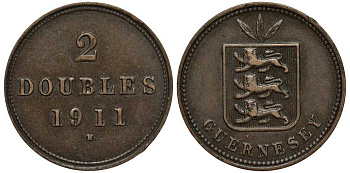 Гернси 2 дабла (дубля) 1911 H KM 9 бронза 650-623