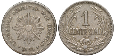 Уругвай 1 сентесимо 1924 KM 19 медно-никель 99-749