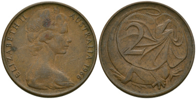Австралия 2 цента 1966 Елизавета II (1952-), плащеносная ящерица KM 63 бронза 4364-1922