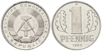 ГДР 1 пфенниг 1963 А KM 8.1 алюминий UNC 3458-267