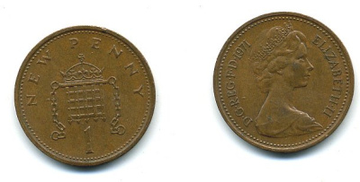 Великобритания 1 пенни 1971 Елизавета II (1952-2022) KM 915, Spink 4237 (B1) бронза 4110-733