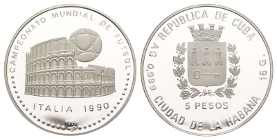 Куба 5 песо 1989 Чемпионат мира по футболу 1990, Италия KM 226 серебро PROOF 1083-2-42