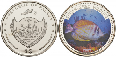 Палау 1 доллар 2009 серия вымирающие виды, рыба зебрасома (Zebrasoma veliferum), цветная эмаль KM 285 медно-никель PROOF 1081-1-52