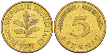 ФРГ 5 ПФЕННИГОВ 1987 F KM 107, J. 382 сталь плакированная латунью 4181-1025