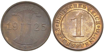ГЕРМАНИЯ 1 РЕЙХСПФЕННИГ 1925 E KM 37, J. 313, Weege 2 бронза 206-824