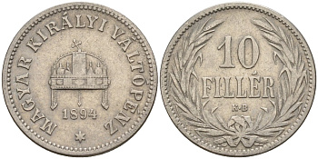 Венгрия 10 филлеров 1894 KB, Франц Иосиф I (1848-1916) KM 482 никель 4151-1068